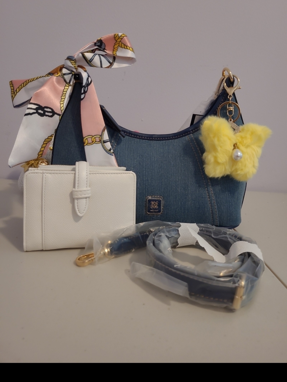 Denim Nine West Crossbody Bag with White Wallet and Pink Scarf
